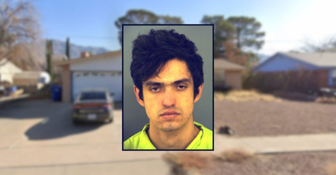John Michael De Coste appears in a booking photo inset against an image of a suburban home in El Paso.