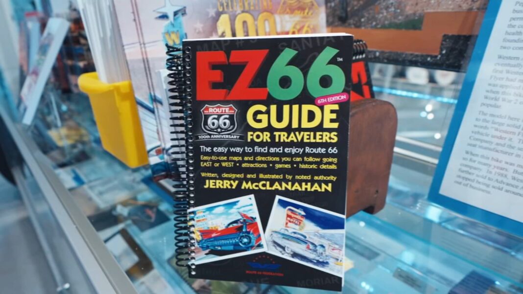 Ryan Chiaverini navigates Route 66 in Chandler, Oklahoma with artist, author Jerry McClanahan