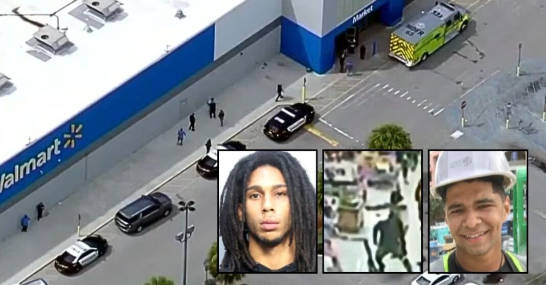 Left inset: Roberto Acevedo (Miami-Dade County Corrections and Rehabilitation). Center inset: Surveillance footage allegedly shows Roberto Acevedo's friends shooting shopper Nathaniel Baez inside a Florida Walmart (WPLG/YouTube). Right inset: Nathaniel Baez (WPLG). Background: First responders at the Florida Walmart where Nathaniel Baez was shot and killed (WPLG/YouTube).