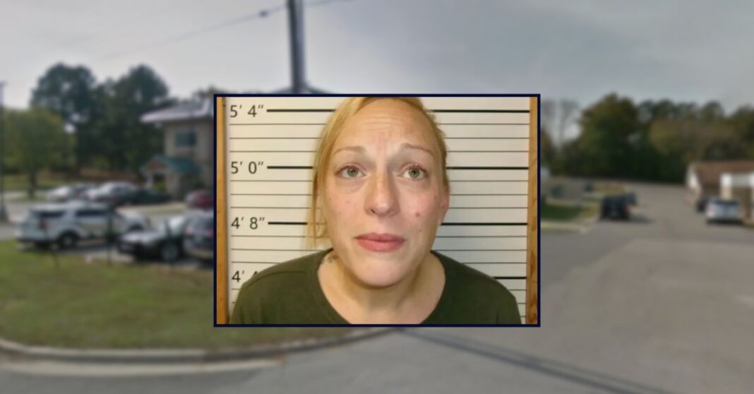 Rebecca Jane Mryglod appears in a booking photo inset against an image of a criminal justice center in Arkansas.