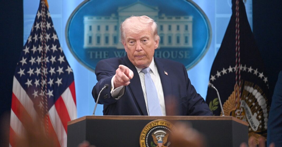 The United States President Donald Trump holds a Press Conference in the James S. Brady Press Briefing Room at the White House on April 6, 2026 in Washington DC. (Photo by Chen Mengtong/China News Service/VCG via AP).