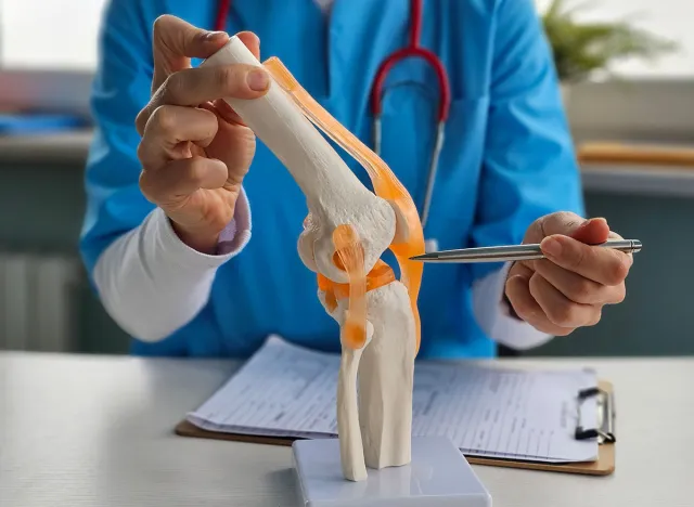 Doctor shows anatomy of structure of human knee joint