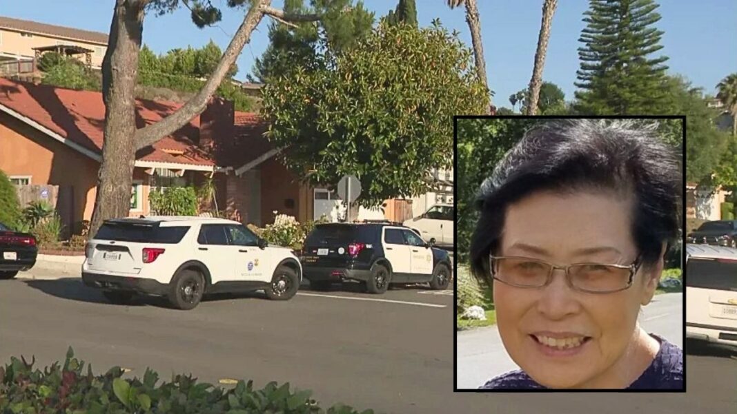 Inset: Monica Moon Lee, one of the women killed by Jianchun Li (Rose Hills Memorial Park & Mortuary). Background: Police at the California assisted living facility where Jianchun Li murdered two residents (KTLA).