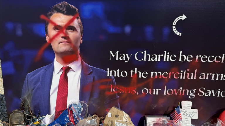 Charlie Kirk Statue Defaced With Red Paint, Jesus Crossed Out