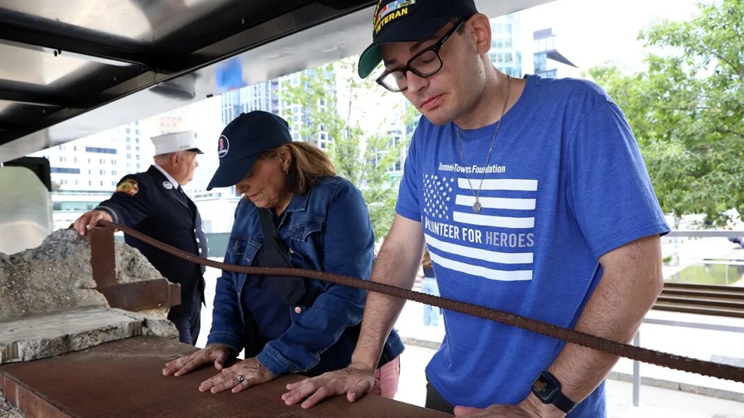 First responders honor World Trade Center beam arriving at Boston fallen heroes memorial