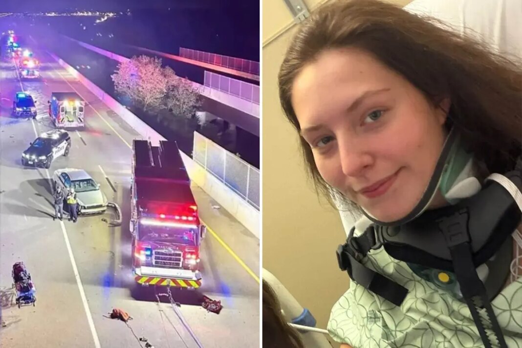 Kansas State University junior Kyra Kinnison falls 70 feet from overpass trying to avoid being hit by truck and survives