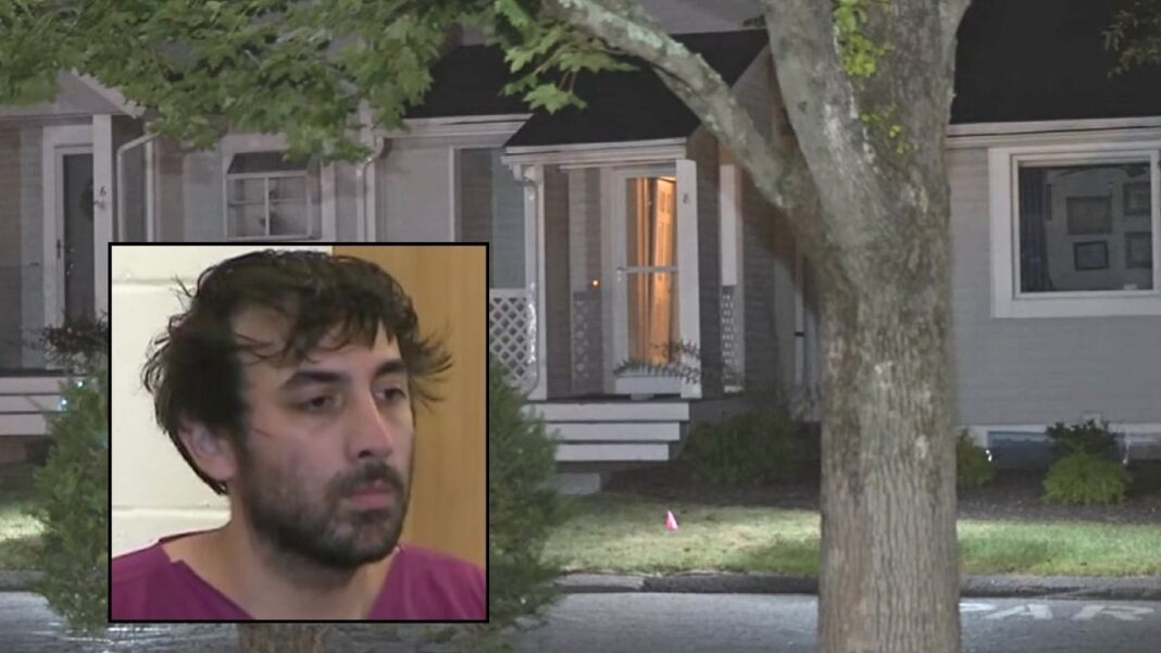 Inset: Matthew Cruz in court (WHDH). Background: The home in Taunton, Mass., where Matthew Cruz allegedly killed his girlfriend (WJAR). 