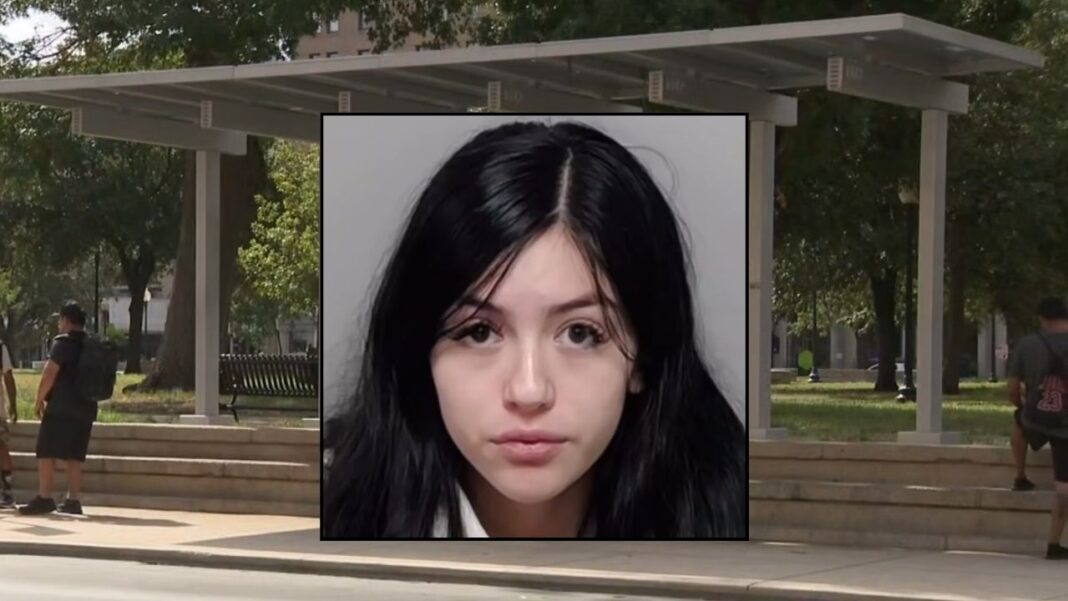 Inset: Karla Ibarra (Bexar County Sheriff's Office). Background: The bus stop in San Antonio where Karla Ibarra allegedly handed over her baby to a woman (KSAT/YouTube). 