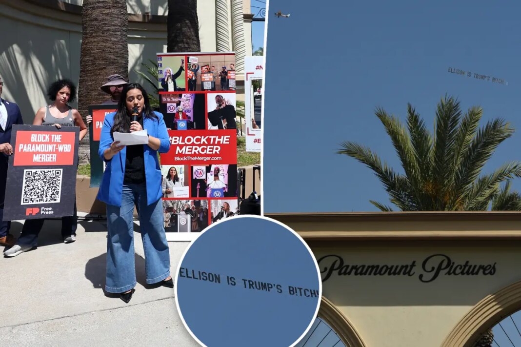 Paramount-Warner Bros. merger fatigue sets in with rally in front of studio, plane flying profane anti-Ellison message