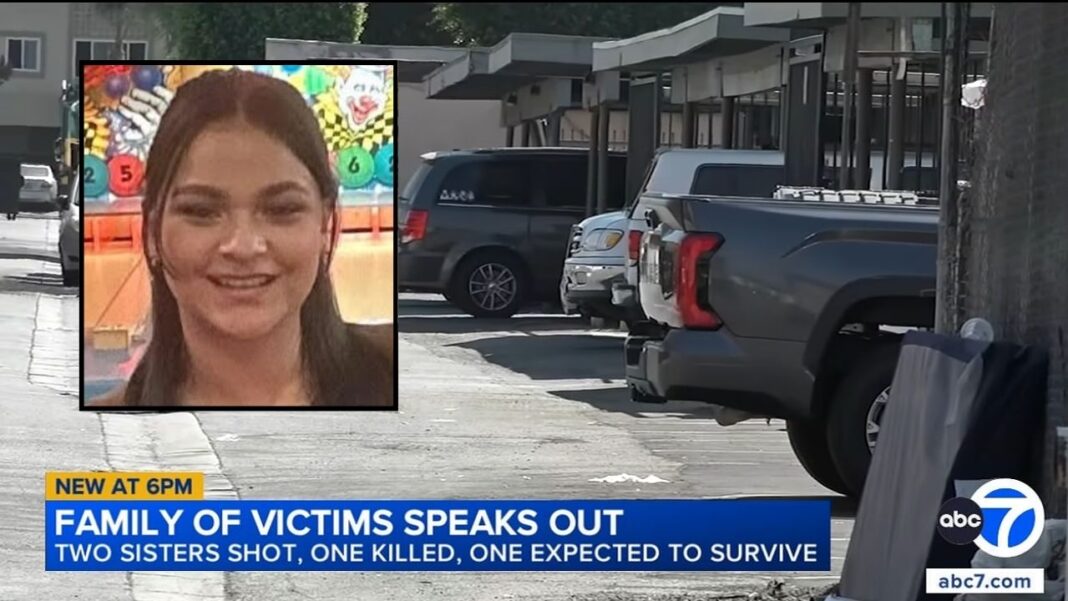 Inset: Adriana Jimenez (GoFundMe). Background: The area in the Los Angeles neighborhood of Canoga Park, Calif., where Adriana Jimenez was shot in the head while sitting in a car with her sister (KABC/YouTube). 