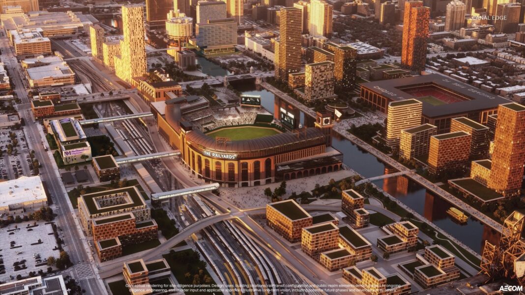 'The Railyards:' New renderings show Canal Edge proposal for riverfront Chicago White Sox stadium directly across from 'The 78'