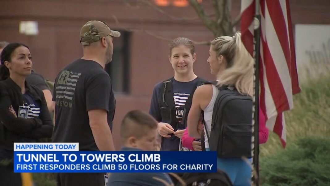 Tunnel to Towers Tower Climb Chicago at 150 North Riverside Plaza honors victims of September 11, 2001 terrorist attacks