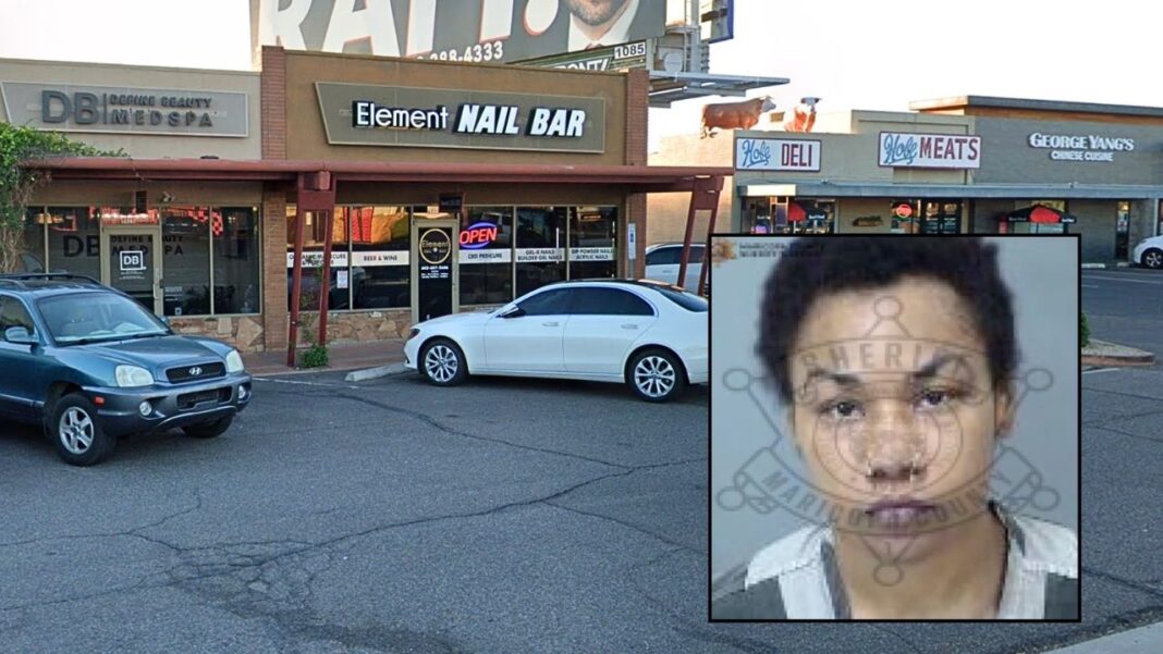 Inset: Essence Mire (Maricopa County Sheriff's Office). Background: The Arizona nail salon where Essence Mire allegedly went berserk over a $15 fingernail repair (Google Maps). 
