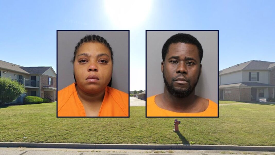 Catherine Philippe and Junior Borelus appear inset against an apartment complex in Indiana.