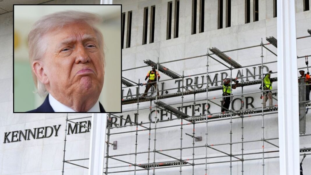 Inset: President Donald Trump speaks outside the Oval Office of the White House, Monday, April 13, 2026, in Washington (AP Photo/Alex Brandon). Background: Workers stand on scaffolding near the signage for the Donald J. Trump and John F. Kennedy Memorial Center for the Performing Arts in Washington, DC, on June 12, 2026. (Photo by Olivier Douliery/Abaca/Sipa USA - Sipa via AP Images).