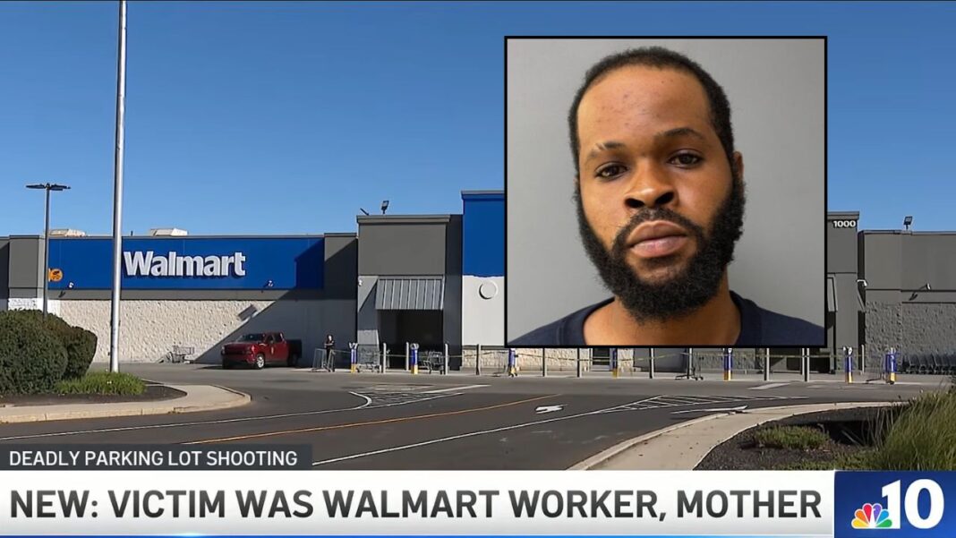 Inset: Destino Jean-Louis (Montgomery County District Attorney's Office). Background: The Walmart in Pennsylvania where Destino Jean-Louis allegedly shot and killed his wife Latosha Cooper (WCAU/YouTube).