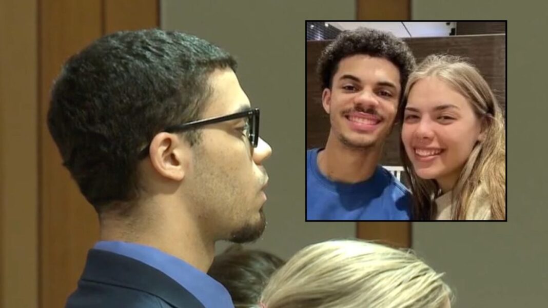 Inset: Zarrius Hildabrand and Saria Hildabrand (KSTU). Background: Zarrius Hildabrand being sentenced for shooting his Alaska National Guard combat medic wife Saria Hildabrand to death in Anchorage (KTUU).
