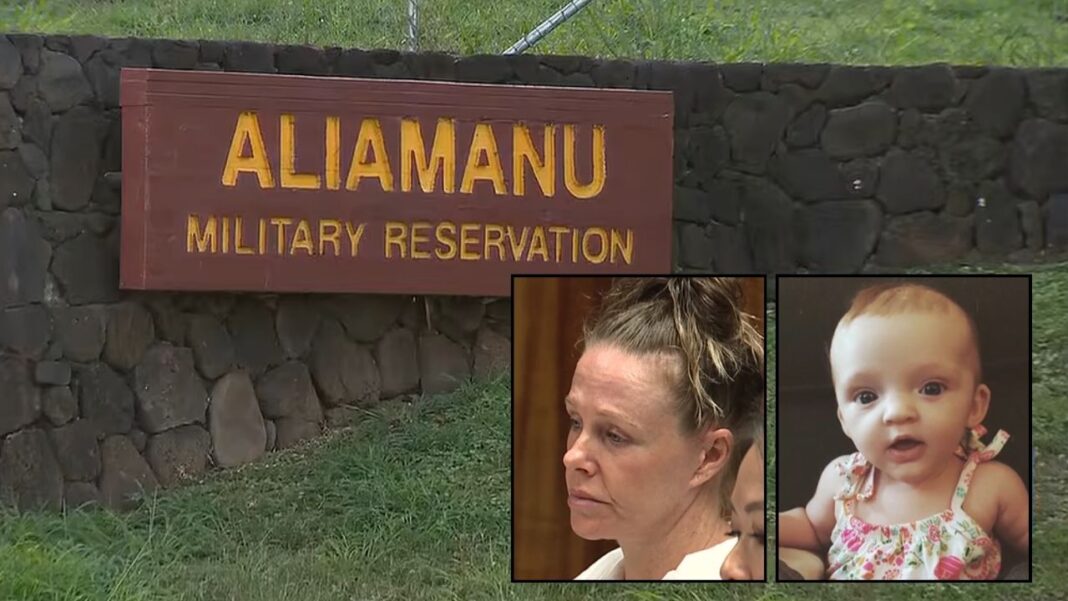 Left inset: Dixie Denise Villa in court. Right inset: Abigail Lobisch. Background: The Hawaii military reservation where Dixie Villa gave Abigail Lobisch a lethal dose of Benadryl (Hawaii News Now/YouTube).