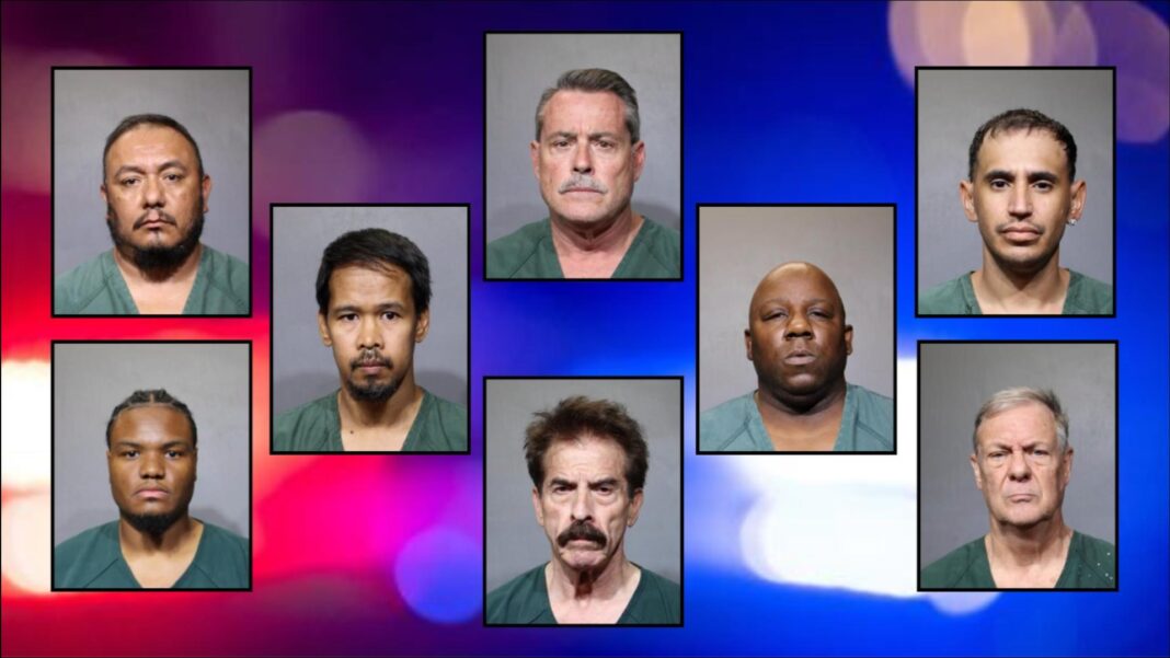 The eight men pictured were arrested for allegedly soliciting sex at Beach and Peach Urban Park in Jacksonville.