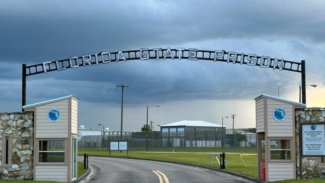 FILE - The entrance to Florida State Prison in Starke, Fla. is shown Thursday, Aug. 3, 2023. (AP Photo/Curt Anderson)