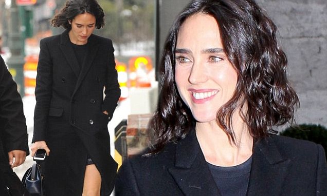 Jennifer Connelly flashes her trim pins in black wool coat and sandals