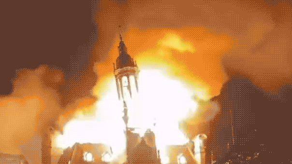 The tower roof of the 143-year-old Limoges Town Hall collapses.