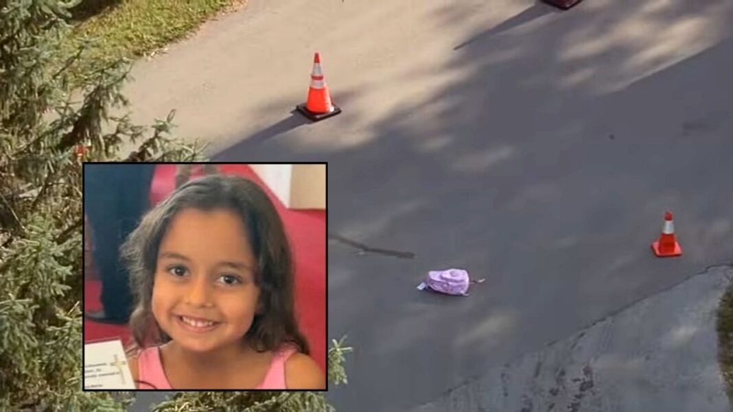 Inset: Jenna Menias. Background: The area in Frankfort, Ill., where Jenna Menias was allegedly struck and killed by a distracted school bus driver (WLS/YouTube).