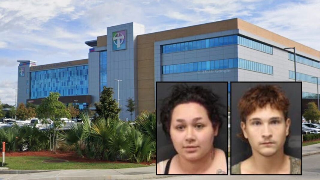 Left inset: Zoe Wagenhurst. Right inset: Christian Griffin (East Baton Rouge Sheriff's Office). Background: The Louisiana hospital where Zoe Wagenhurst's was treated by doctors (Google Maps).