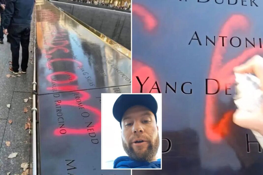NYC gun control nut Jonathan Tijerina spray paints 9/11 Memorial in political stunt