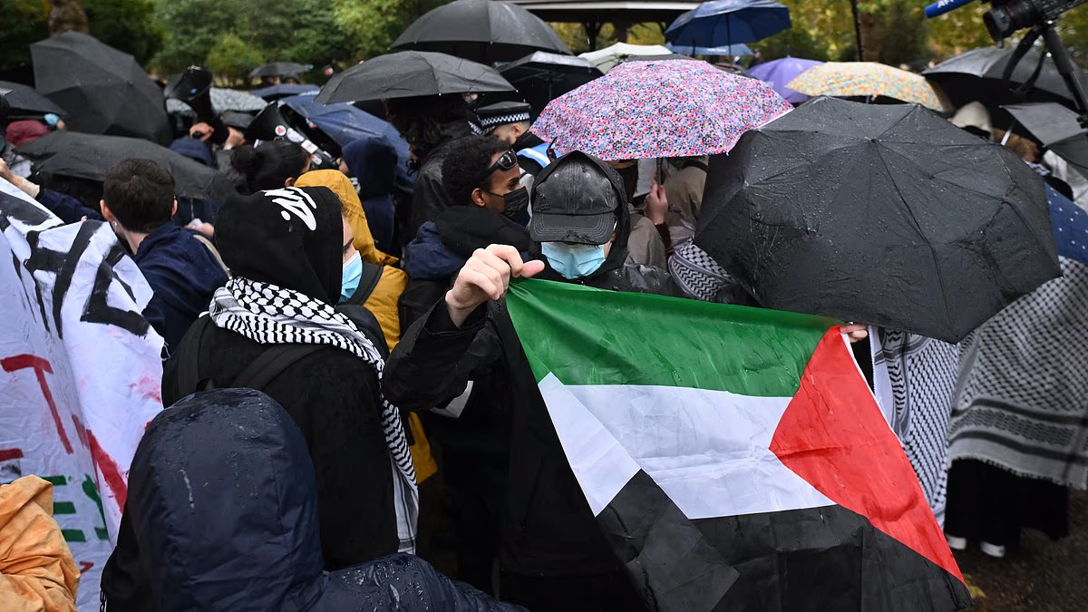 Students chant pro-Palestinian slogans at October 7 march in London