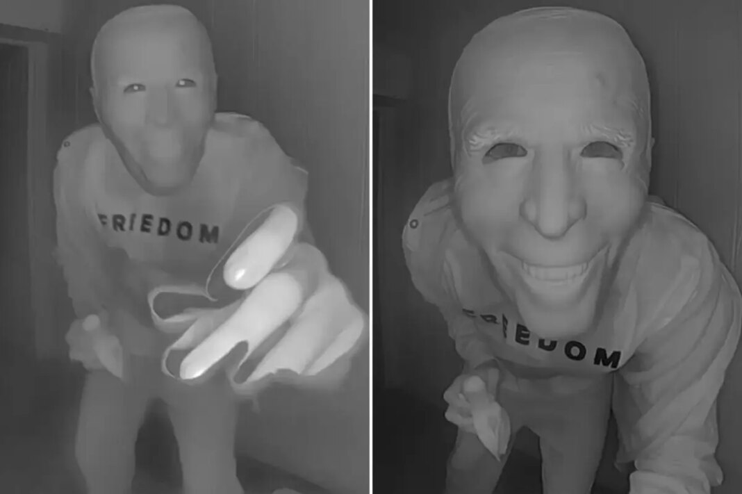 Texas family's doorbell camera captures man in Joe Biden mask eating banana outside home
