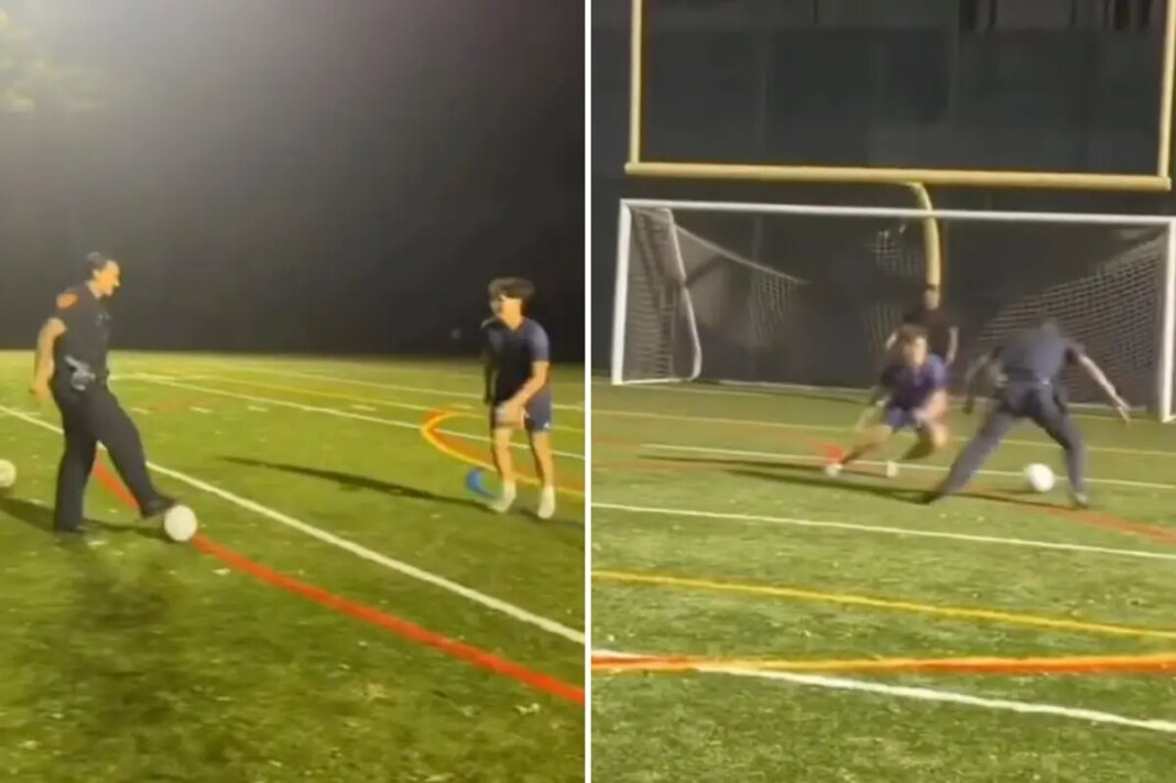 Viral video shows Long Island cop school kids in soccer while wearing full uniform