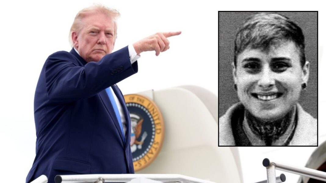 Main: President Donald Trump gestures as he boards Air Force One at Morristown Municipal Airport, in Morristown, N.J., Sunday, Aug. 2, 2026, en route to return to Washington (AP Photo/Jacquelyn Martin). Inset: Megan Utz (U.S. Attorney's Office, Northern District of Alabama).